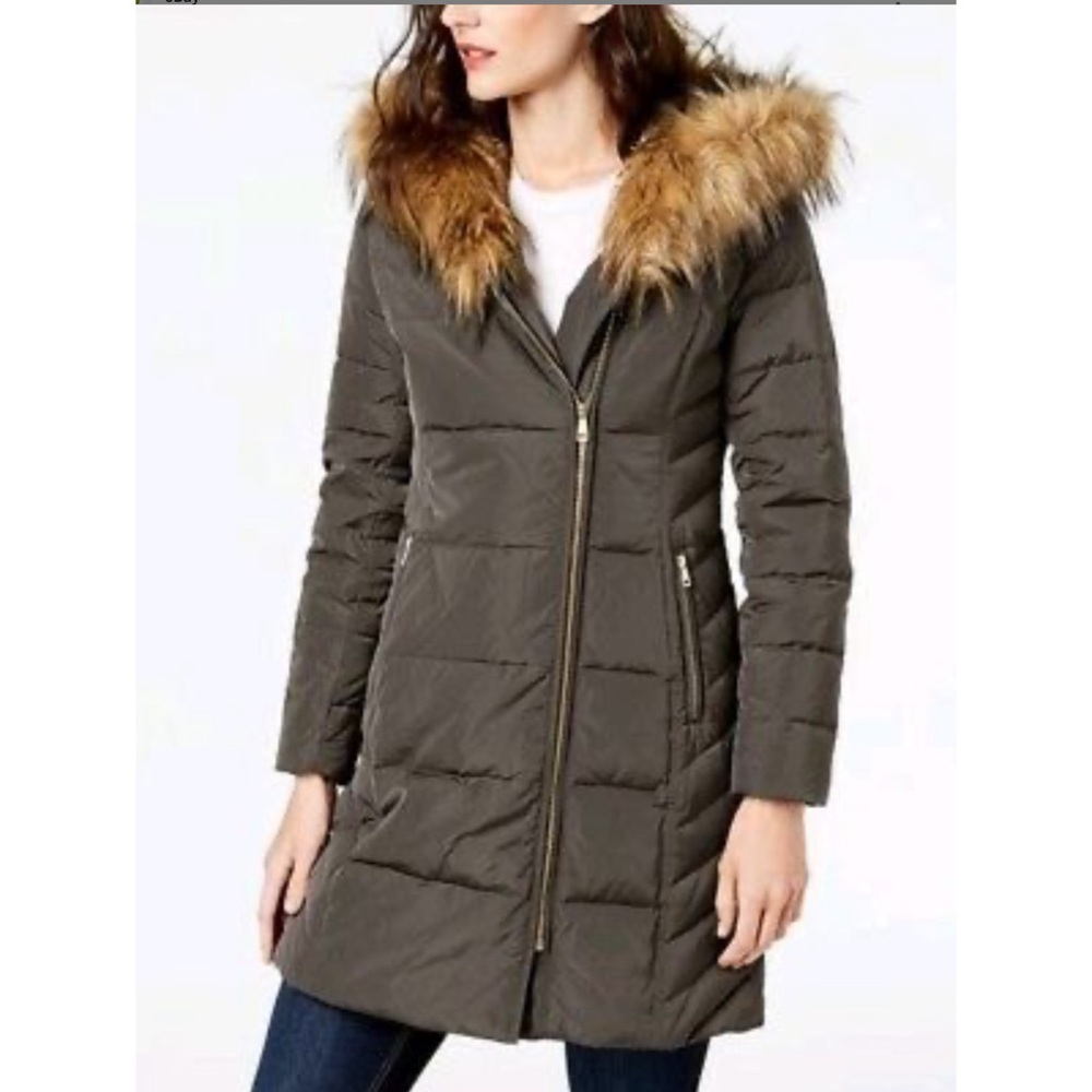 Cole Haan Down Puffer Jacket Coat Faux Fur Trim Signature Line
